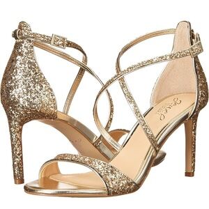 Jewel Badgley Mischka Dimitra Gold Sequin Cross Strap Stiletto Heeled Sandal